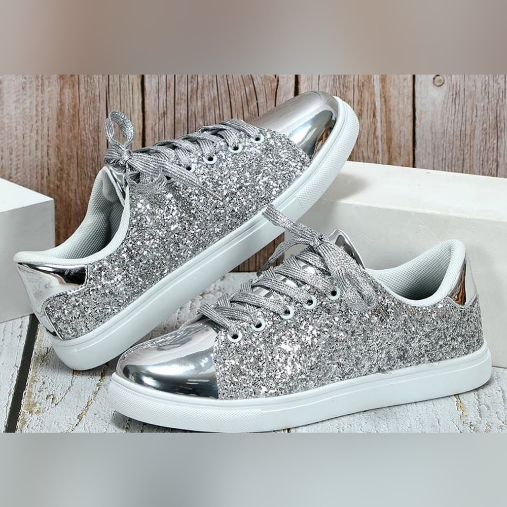 Silver Glitter Platform Sneakers for Women Size 8